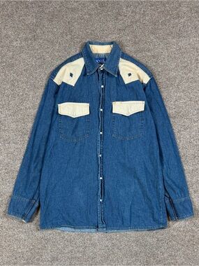 Y2K Blue Denim Western Button Down Long Sleeve Shirt Men’s M Pearl Snap Closure